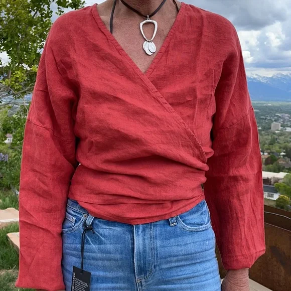 100% coral red linen wrap top. New with tags from Sundance. - Picture 1 of 5